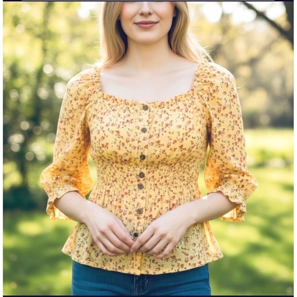 Life Floral Yellow Top Blouse Boho Smocked Button Down Women Medium 100% Cotton